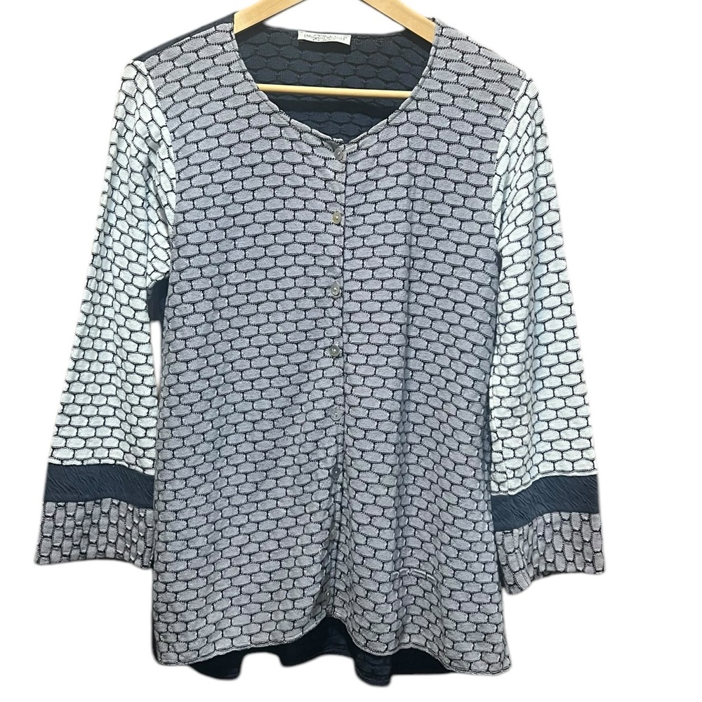 Margaret Winters Dark and Light Gray Print Button Up Cardigan Sweater Size Small